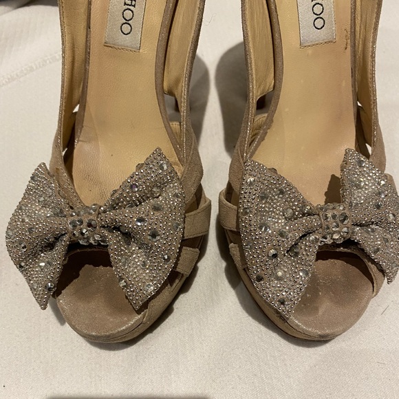 Jimmy Choo Suede Talva Crystal Embellished Bow Peep Toe Pumps - Picture 3 of 4